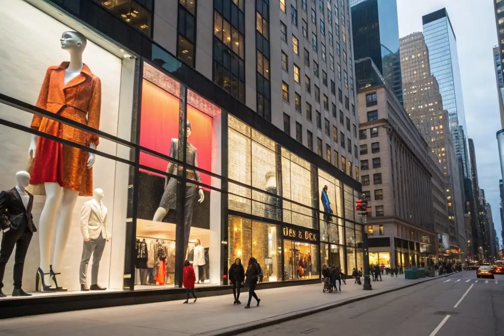 Luxury fashion storefront in a bustling city