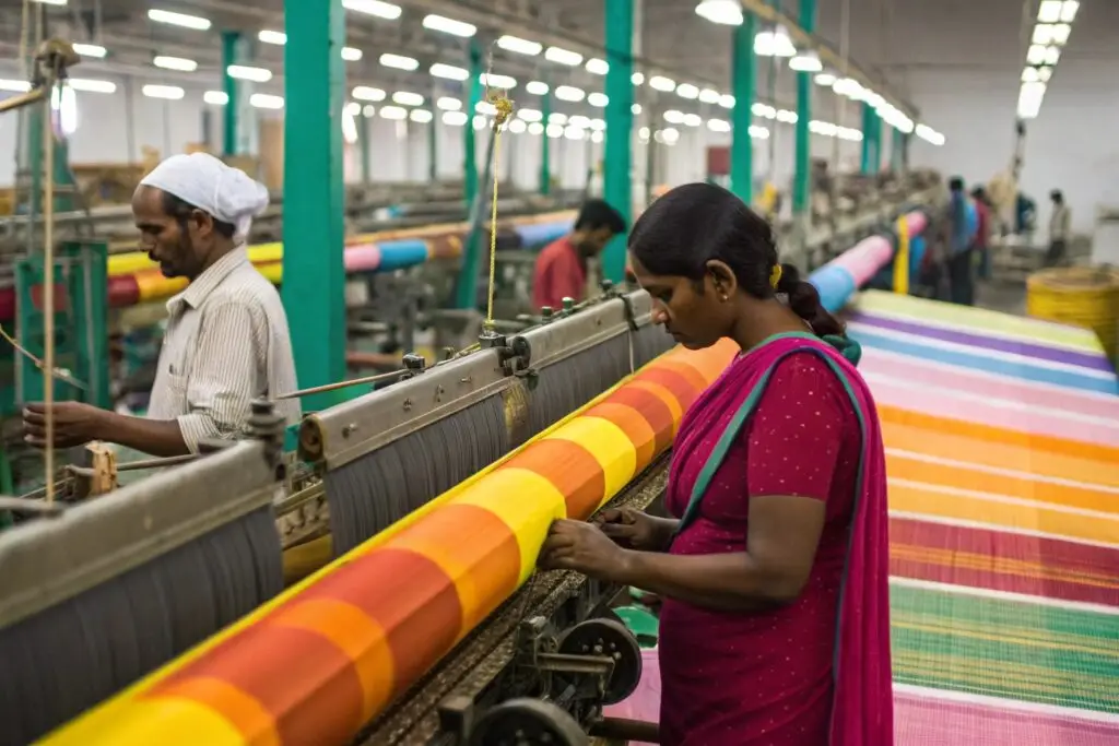 Workers operating weaving machines in a vibrant textile factory