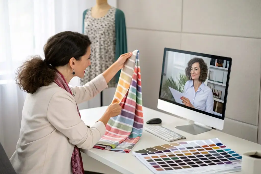 A fashion designer discussing fabric samples on a video call