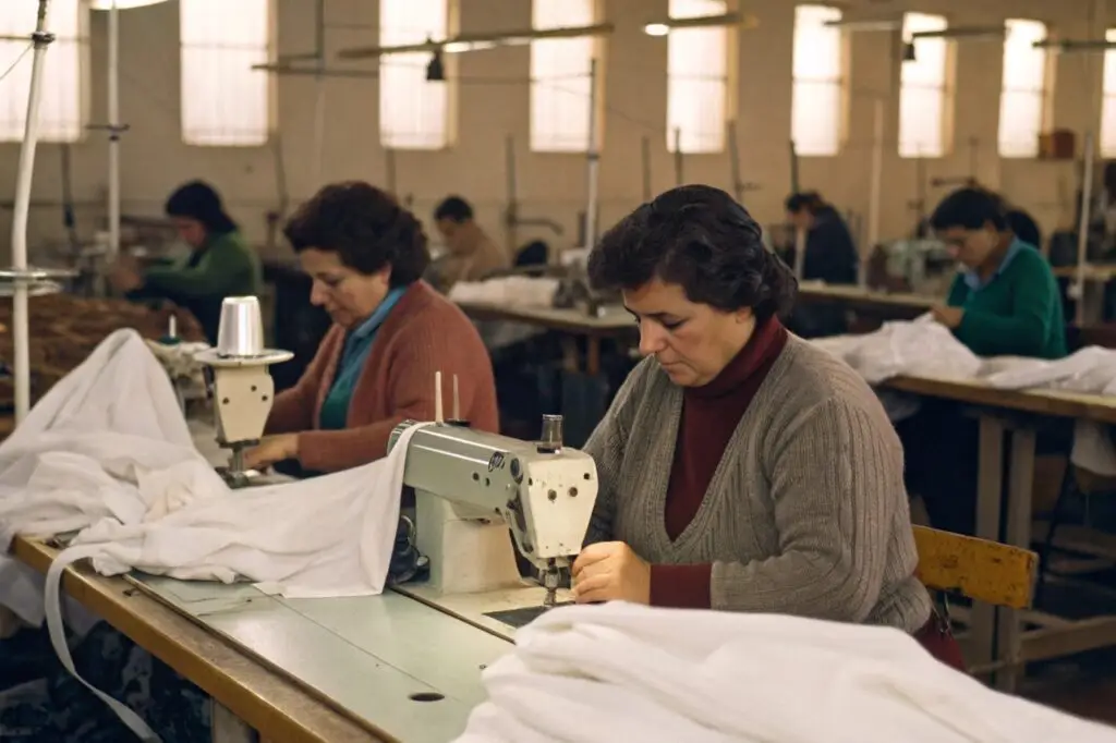 Seamstresses working in a garment factory with sewing machines