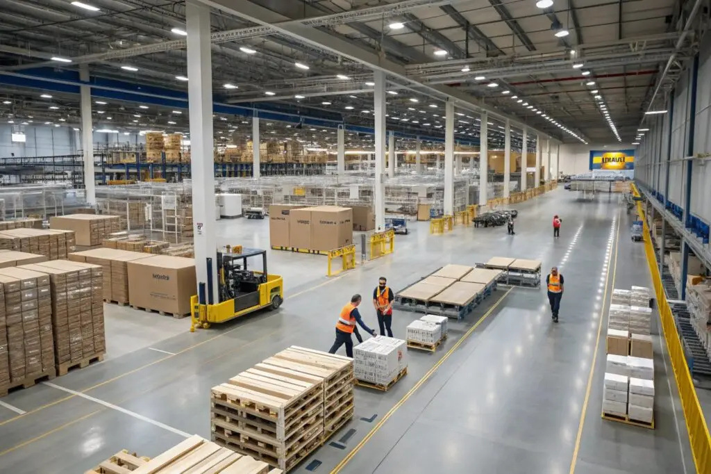 Workers managing logistics in a large warehouse facility