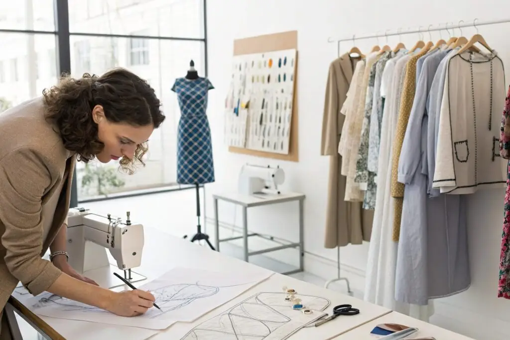 Visual representation of the clothing creation process with designer sketching