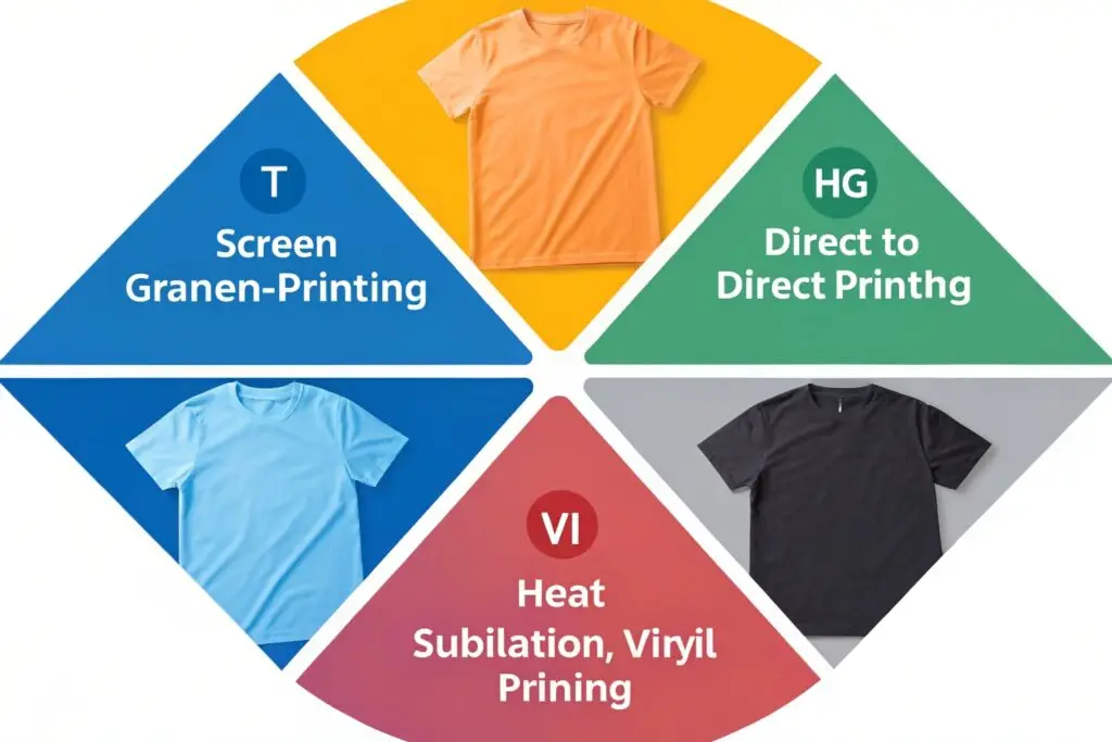 A visually engaging infographic displaying the four major T-shirt printing techniques
