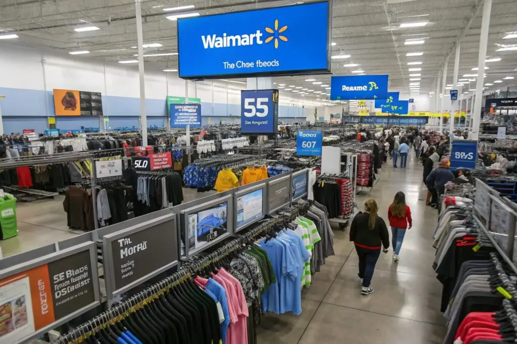 Busy clothing retail store with shoppers browsing through various garments