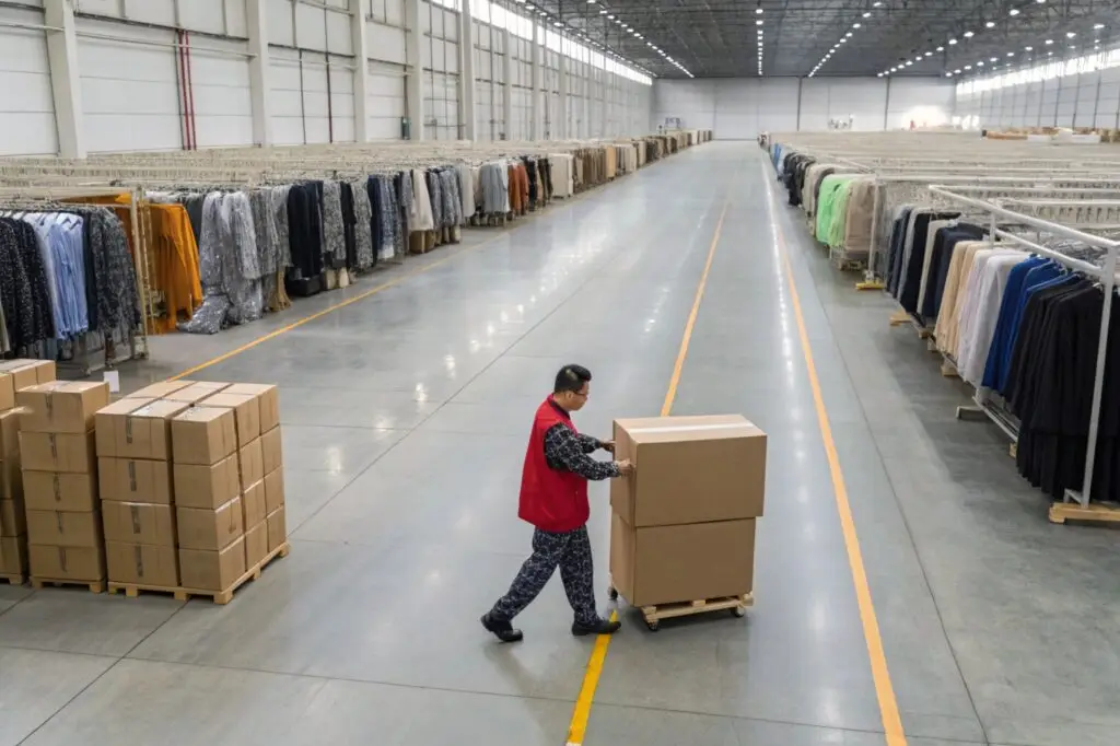 Warehouse worker handling packaged clothing orders for shipment