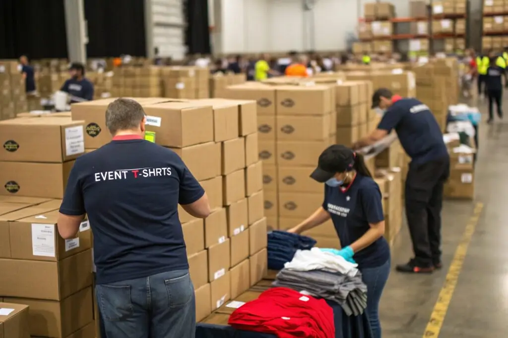 Workers organizing bulk t-shirt shipments in a warehouse