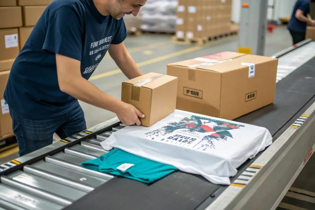 Warehouse worker packing custom-printed t-shirts