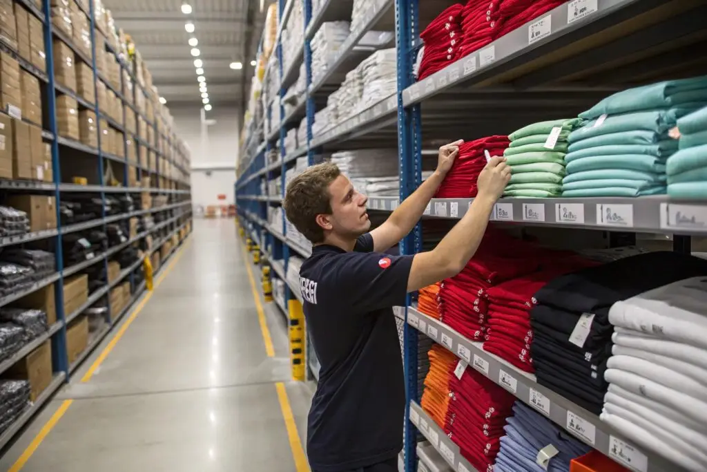 Worker organizing folded t-shirts by color in a garment warehouse