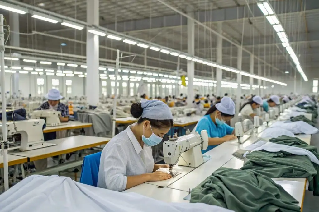 Garment factory workers sewing clothes with precision