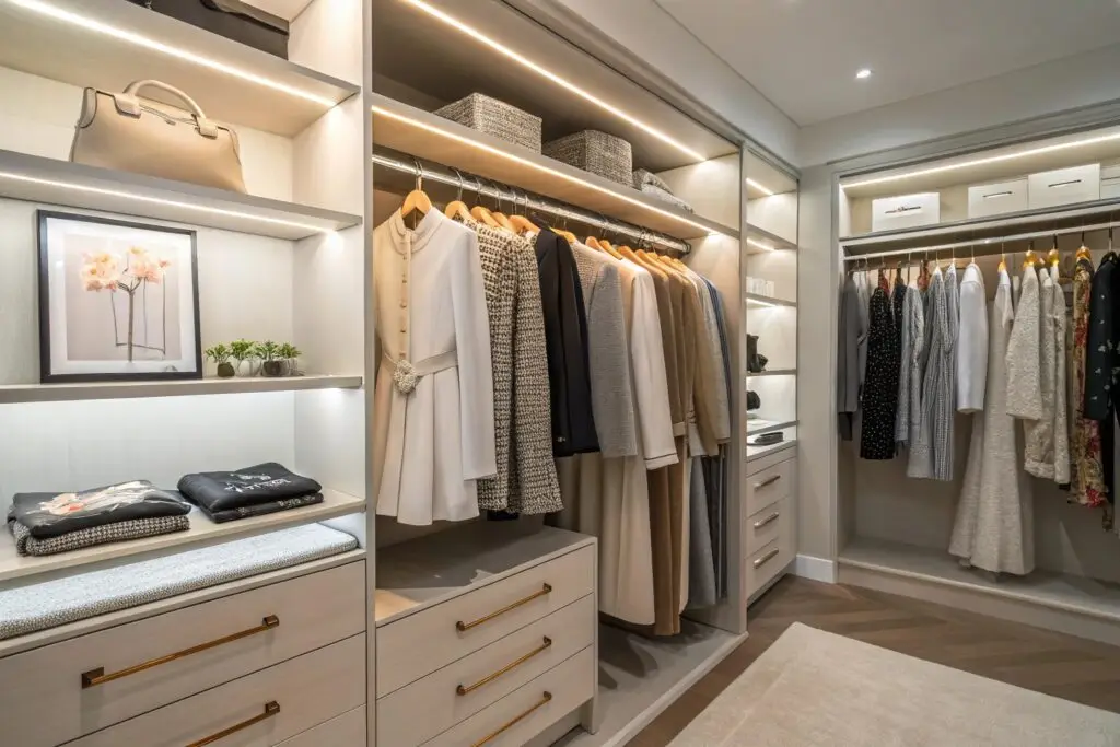 Luxury walk-in closet with stylish women's clothing, neutral tones and elegant design
