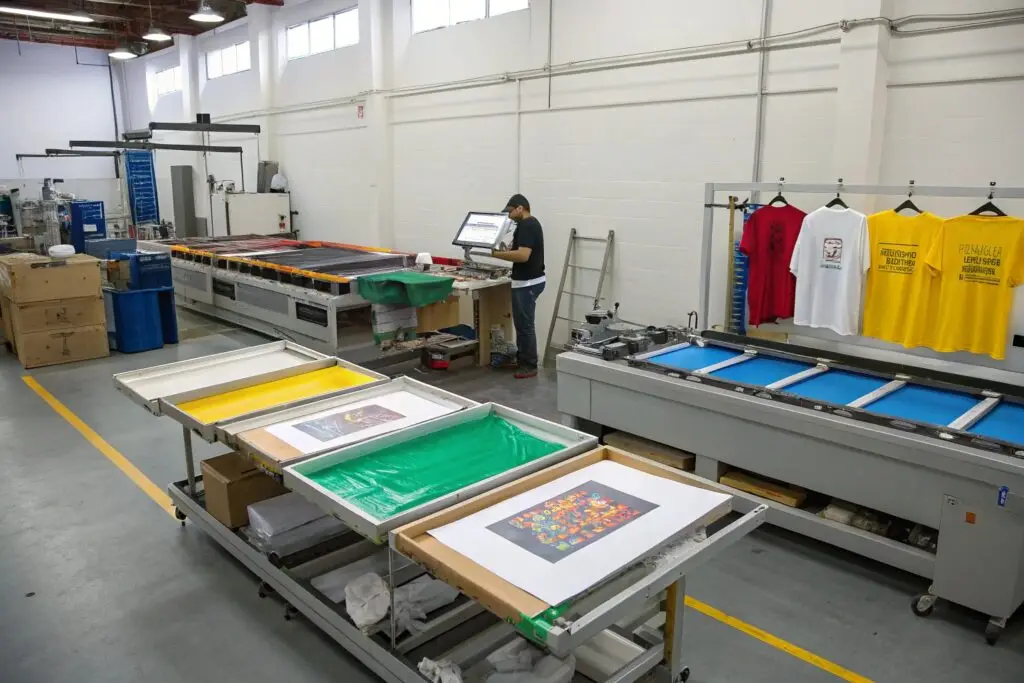 Well-organized screen printing workshop with printing frames and T-shirts