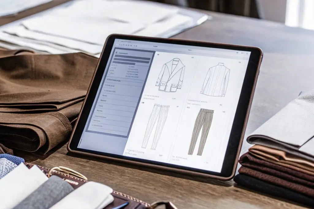 A well-organized workspace with a complete tech pack displayed on a tablet, featuring detailed clothing design sketches and specifications.