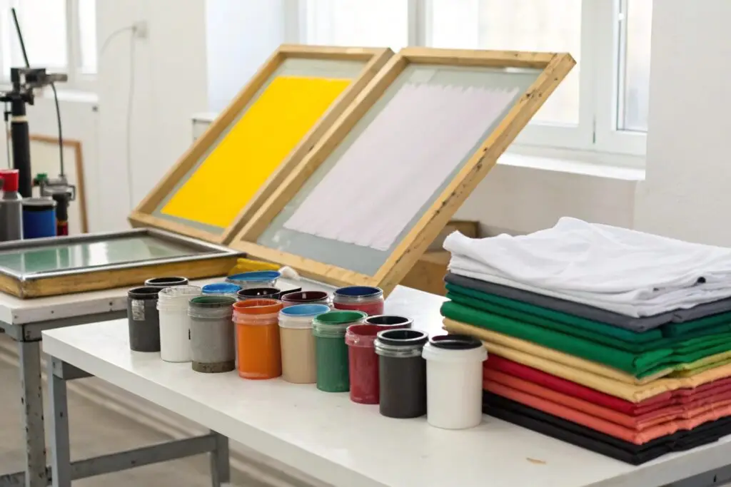 Well-organized screen printing workstation with essential tools