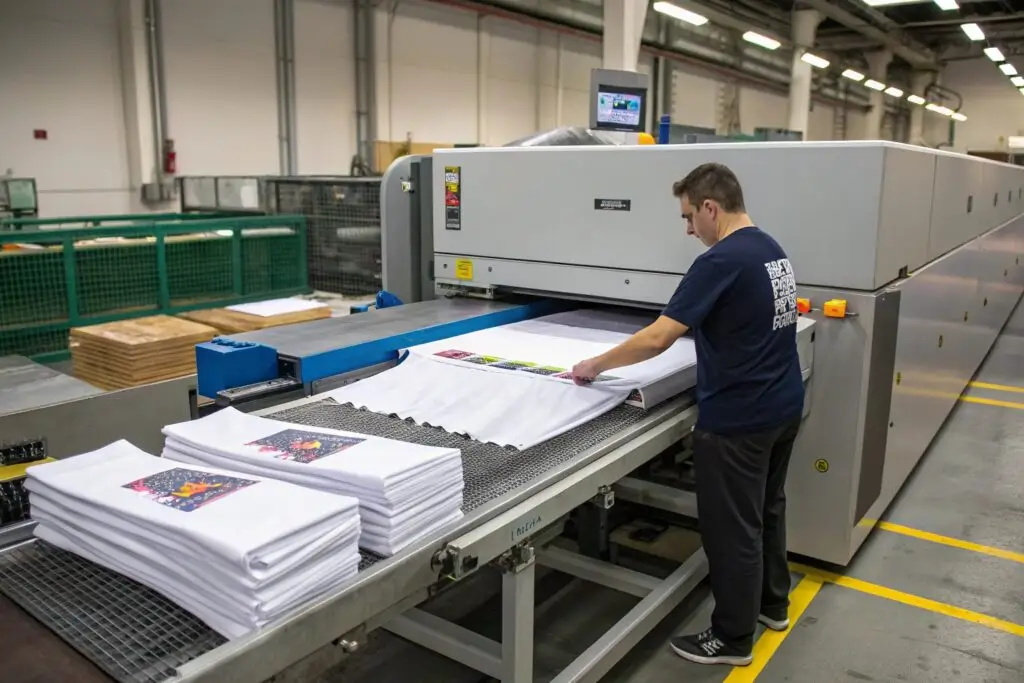 Worker using a conveyor dryer to cure printed t-shirts