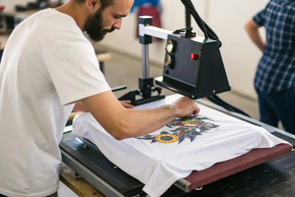 A worker using a heat press machine to transfer a custom design onto a T-shirt