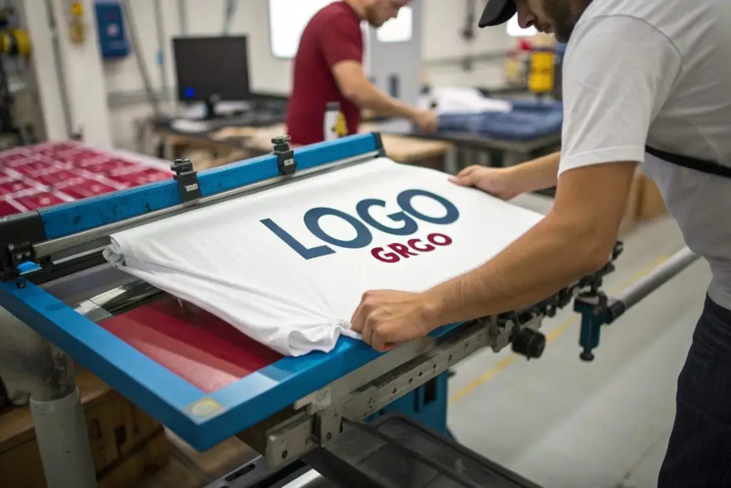 Worker using screen printing machine for custom logo