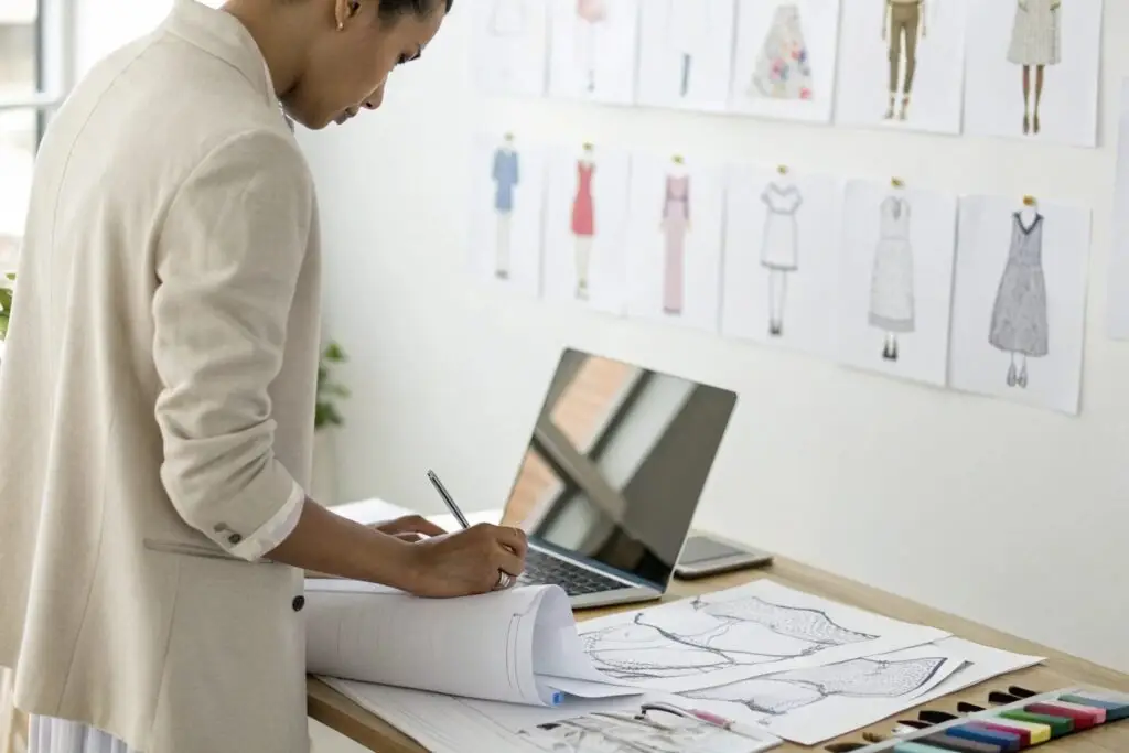 Fashion designer sketching dress patterns in a creative workspace