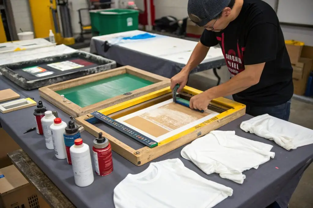 Custom screen printing workspace with tools and blank t-shirts