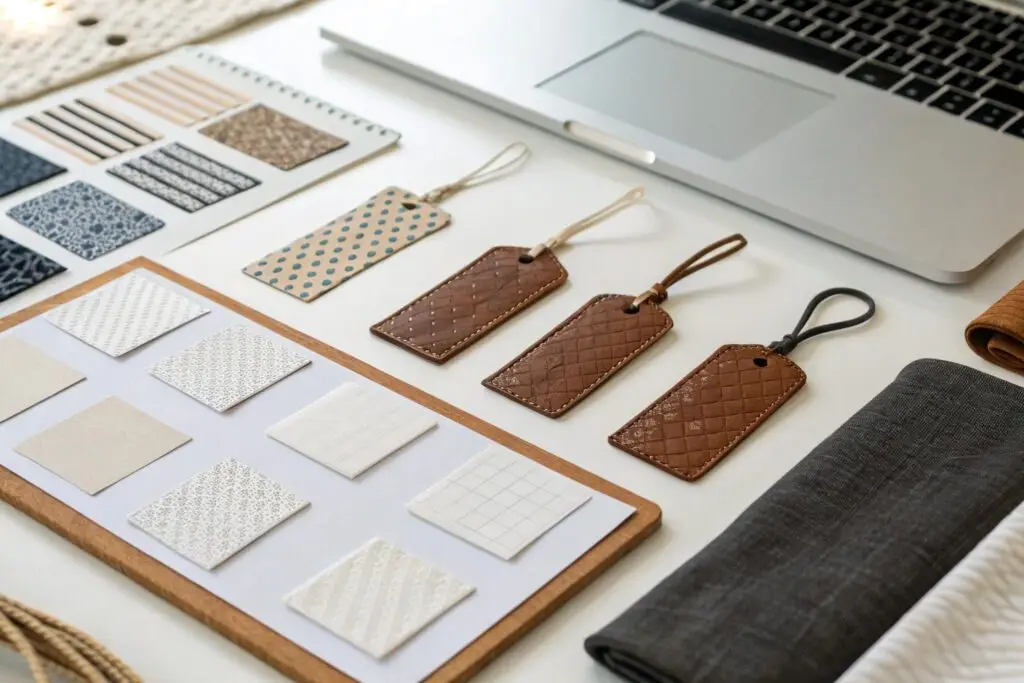 Workspace with various custom labels and fabric samples, showcasing design options