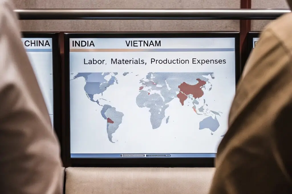 A world map highlighting major clothing manufacturing hubs and production costs.