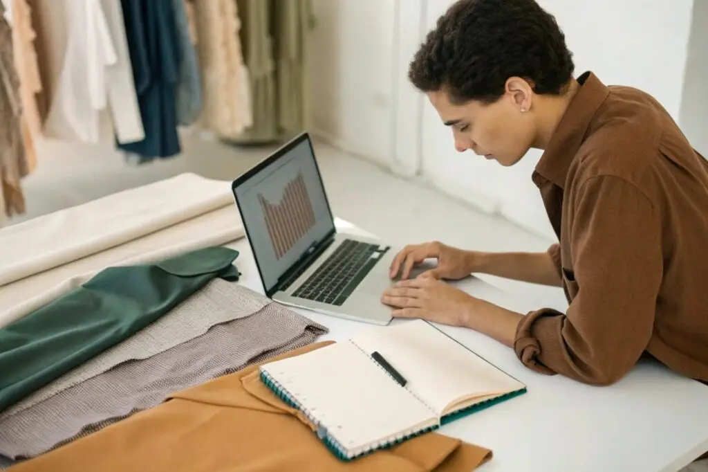 Fashion designer analyzing fabric samples and market trends