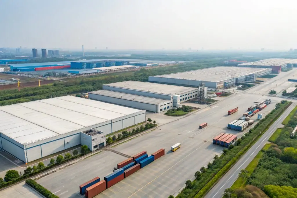 Aerial view of a modern industrial textile park with containers