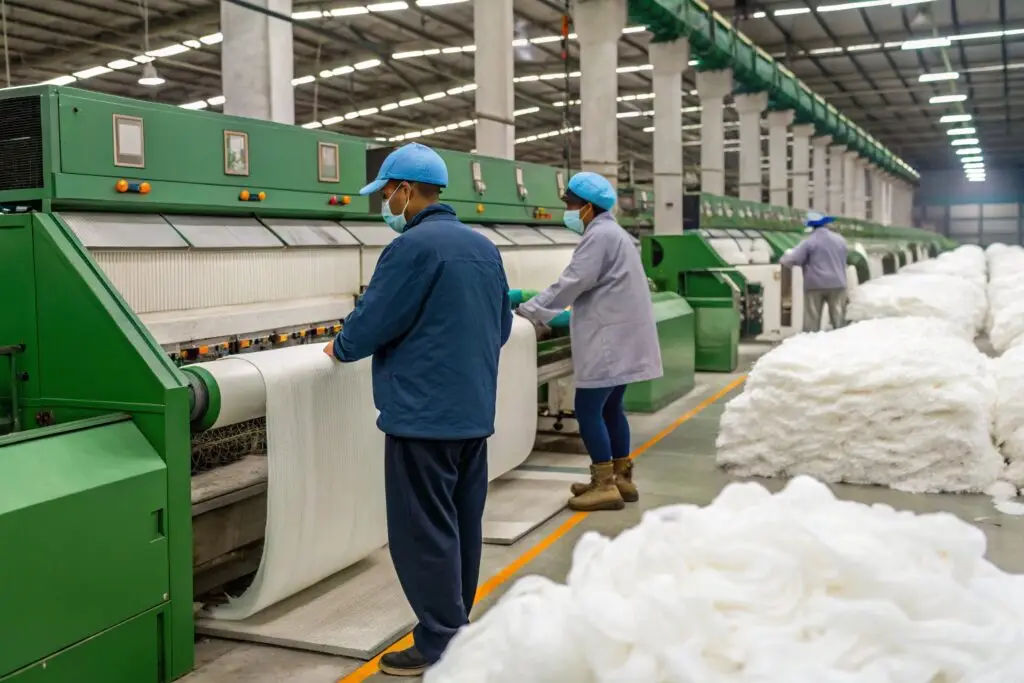 Workers operating textile machinery in a fabric production facility
