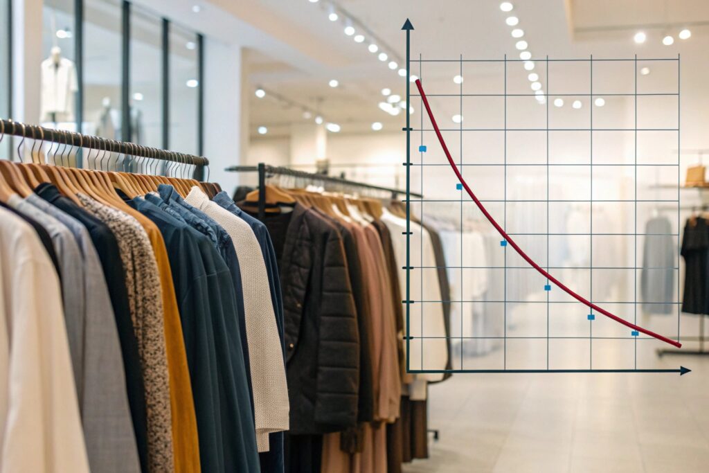 Clothing display with a graph illustrating economic concepts of supply and demand
