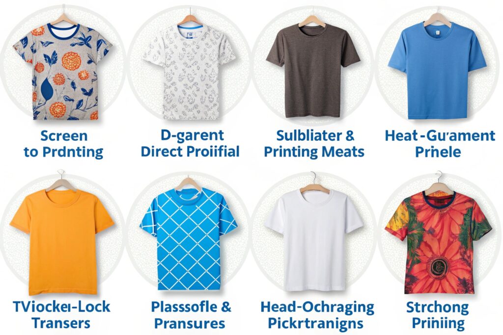 An educational infographic showcasing the 8 popular T-shirt printing methods