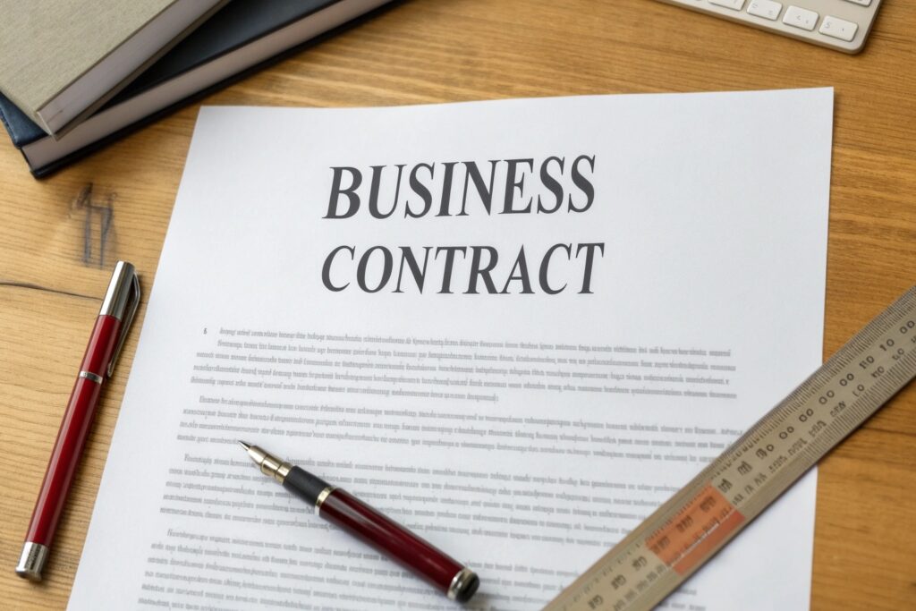 Business contract document on desk, legal agreement signing