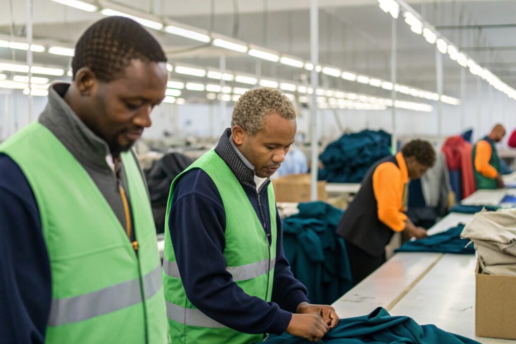 Workers in green vests inspecting and folding apparel in a clothing factory