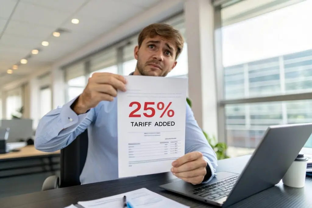 Canadian importer receiving invoice with 25% tariff, concerned expression