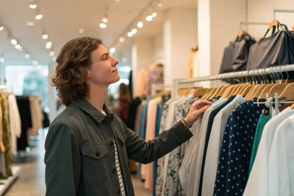 Young man browsing clothes on rack in fashion store