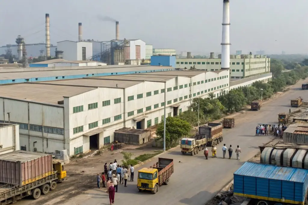 Large industrial textile factory in India with trucks and workers outside