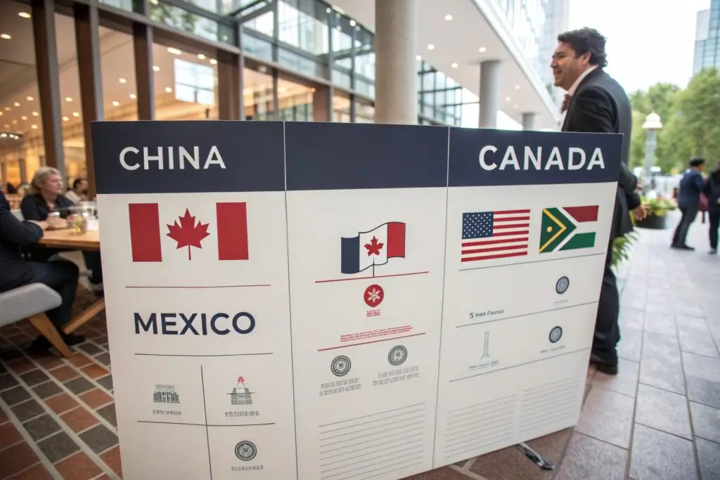 Infographic showing key dates of tariff implementations between China, Mexico, and Canada