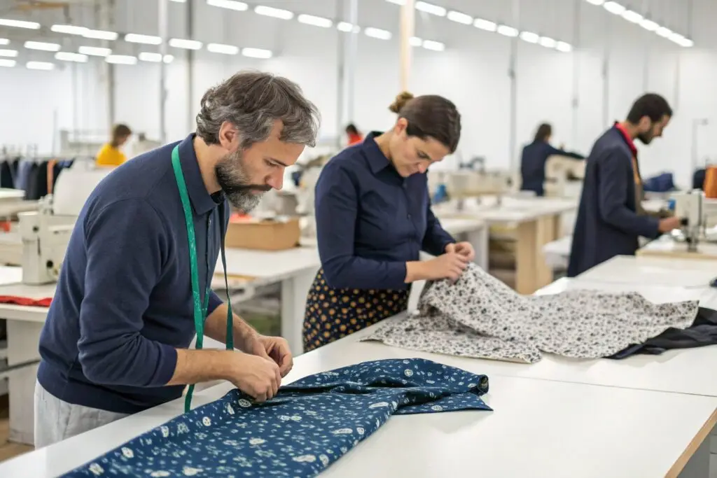OEM garment workers assembling patterned clothing for client order