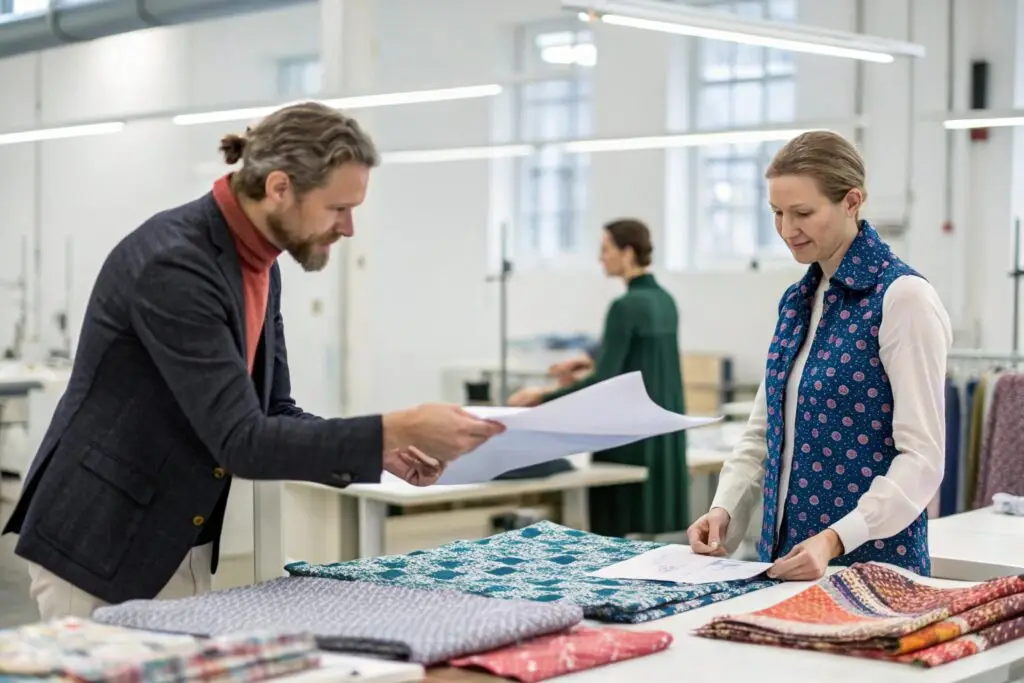 Apparel designer presenting tech pack in fabric studio