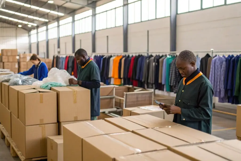 Workers packing clothing boxes for shipment
