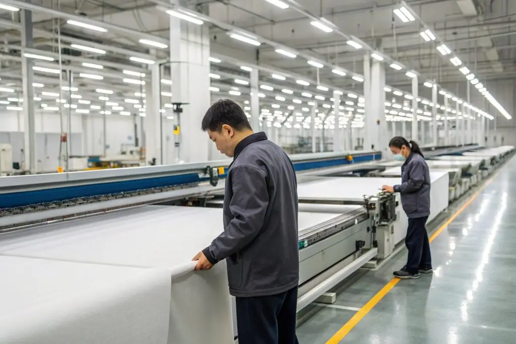Workers operating advanced fabric cutting machine