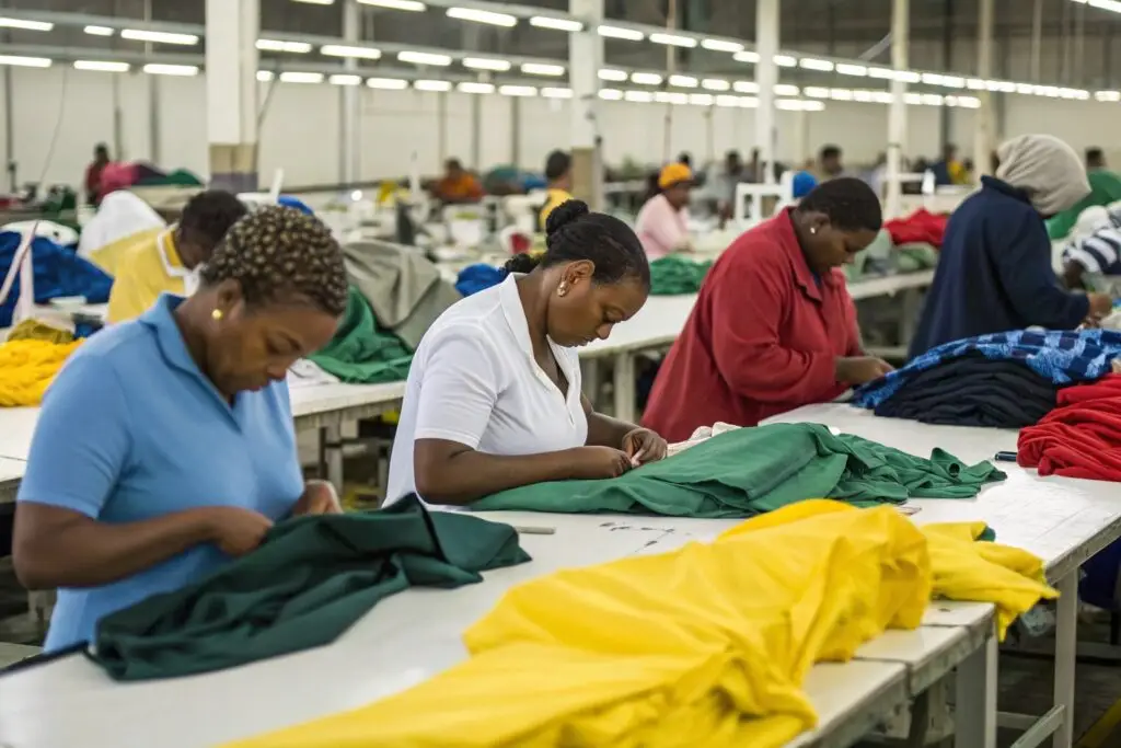 Workers checking colorful garments in clothing facility