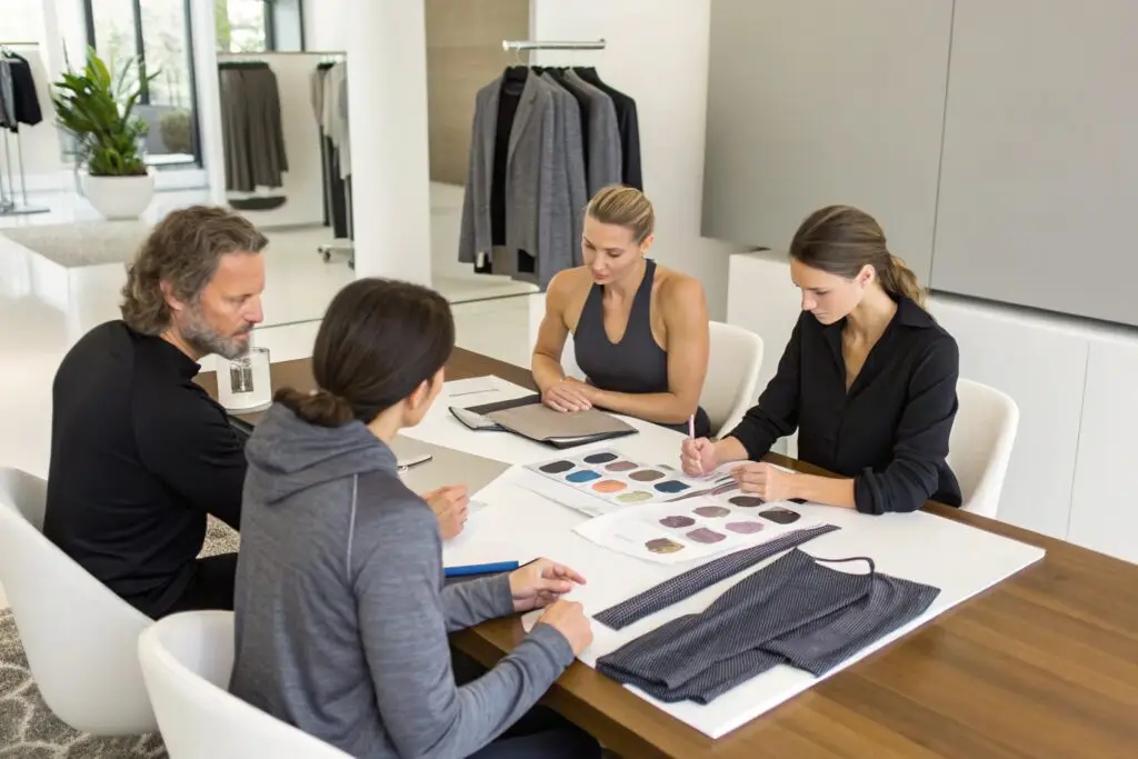 Team reviewing fabric swatches and garments in meeting