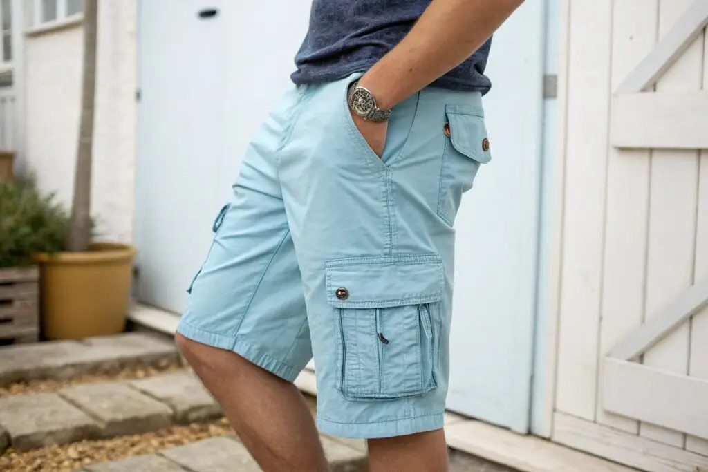 Men's cargo shorts in light blue, casual outdoor wear