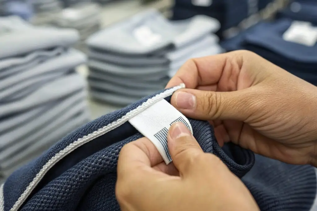 Hands inspecting clothing label on folded garment