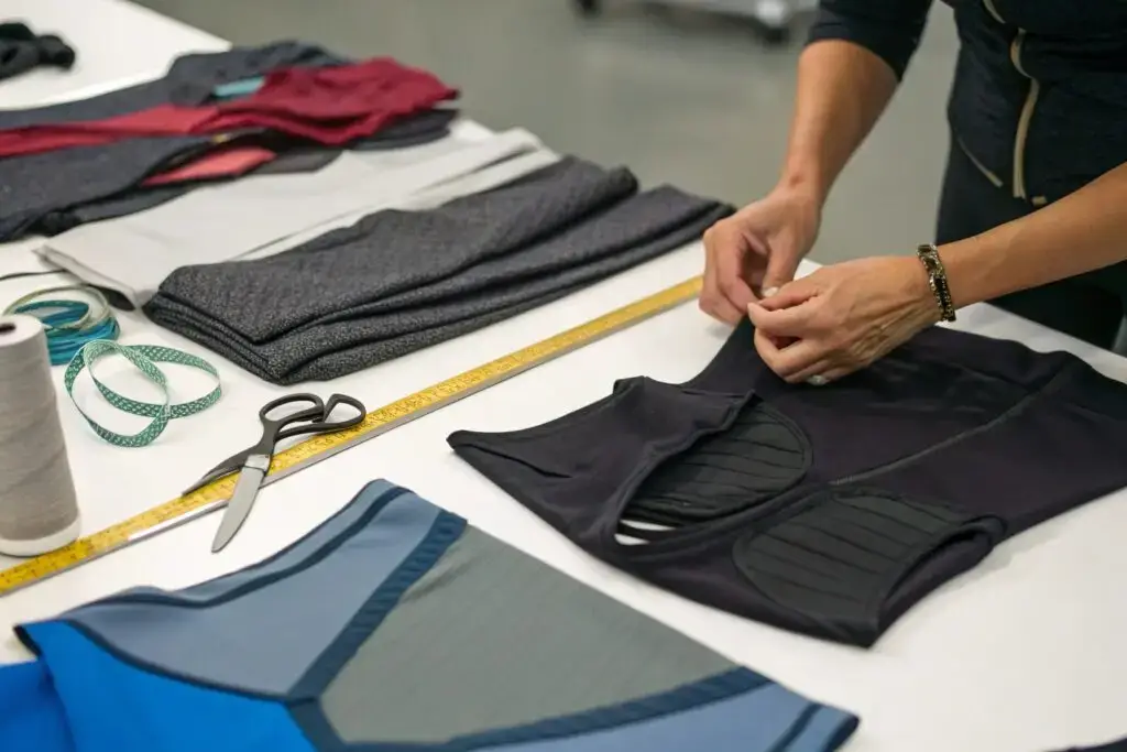Hands adjusting athletic wear on a fabric sample table