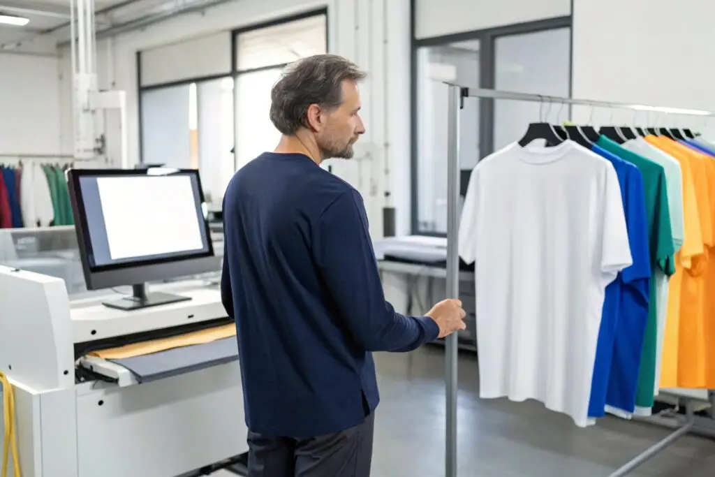 Business owner inspecting high-quality t-shirts in a modern printing facility