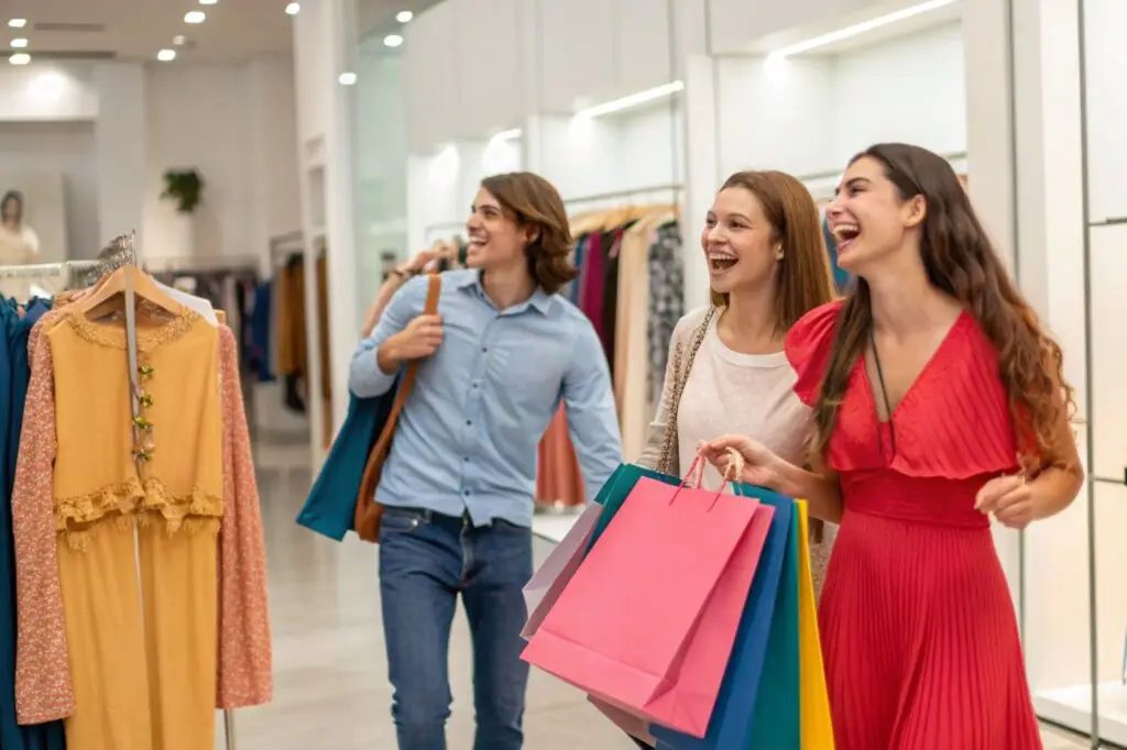 Group of happy customers shopping, enjoying vibrant fashion in a store with colorful bags
