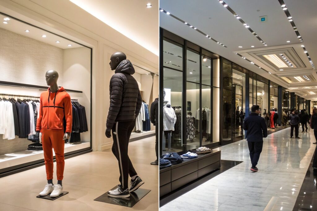 Luxury fashion showroom and upscale shopping mall interior.