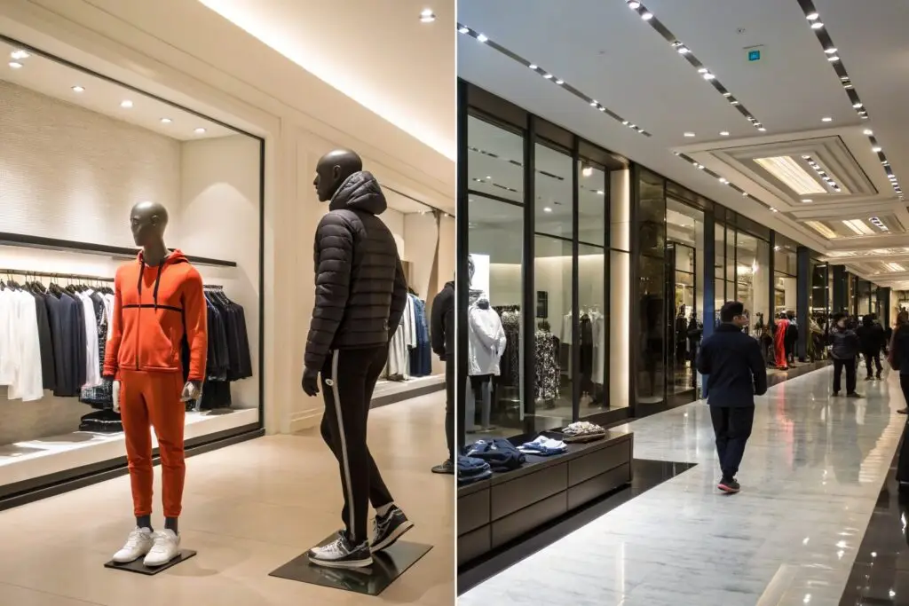 Luxury fashion showroom and upscale shopping mall interior.