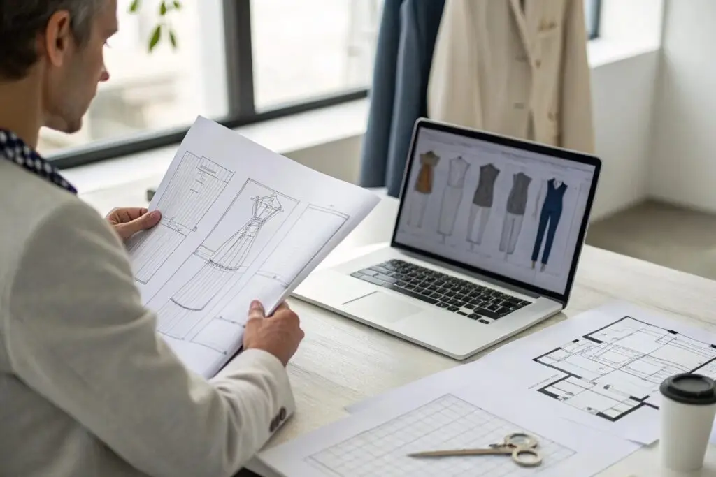 Designer comparing a spec sheet and tech pack on laptop with garment sketches
