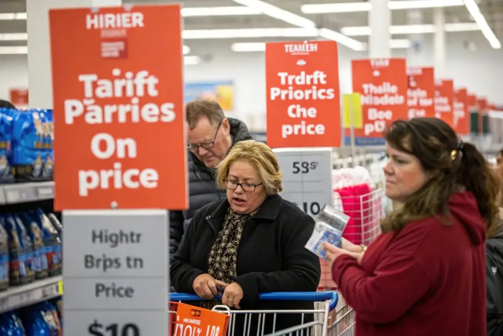 Shoppers in a store with signs about tariffs affecting prices